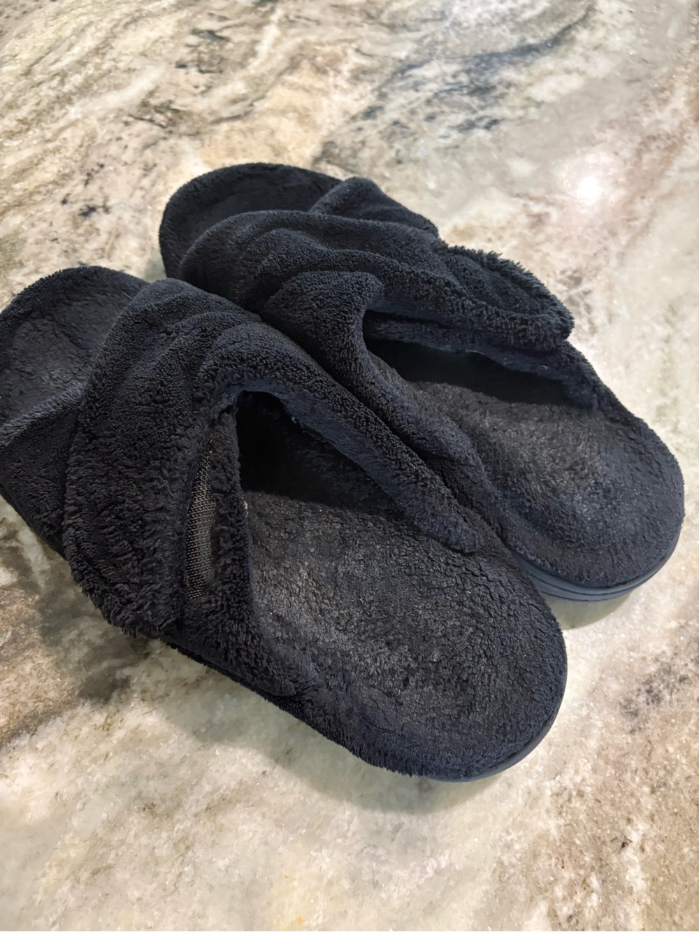 Women's Black Plush Terry Slide Slippers - Cozy Slip-On Comfort